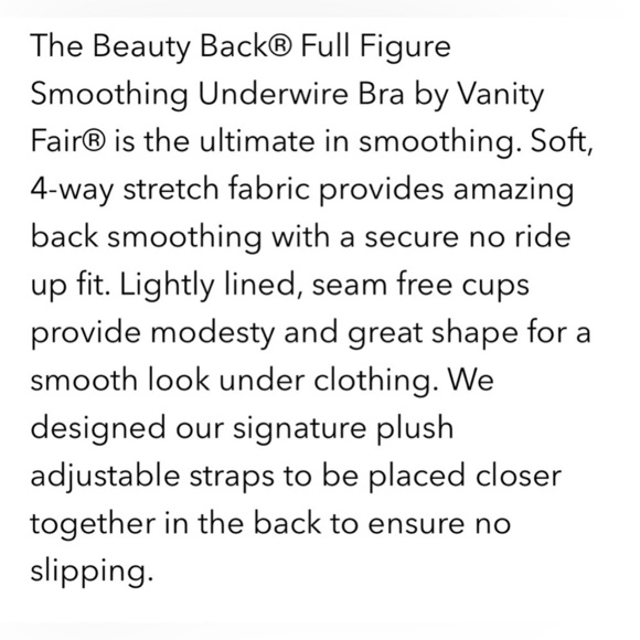 VANITY FAIR BEAUTY BACK SMOOTHING FULL FIGURE CONTOUR BRA 38D NEW STYLE 76380 - Picture 4 of 6